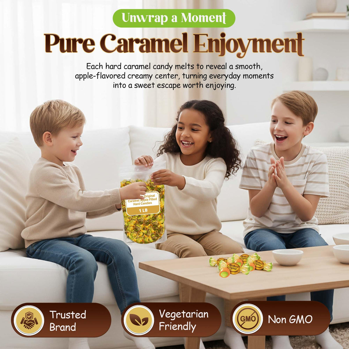 Werther's Original green apple flavor in party display bowl suitable for gatherings.