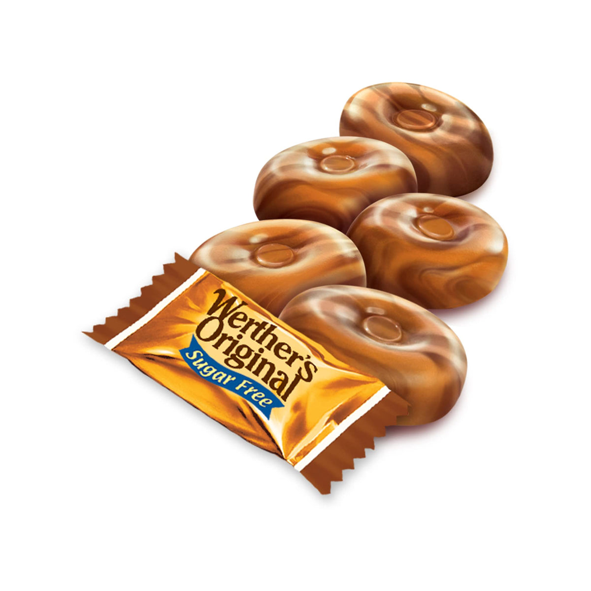 Werther's Original sugar-free caramel coffee candies on a dessert tray for tasting moments.