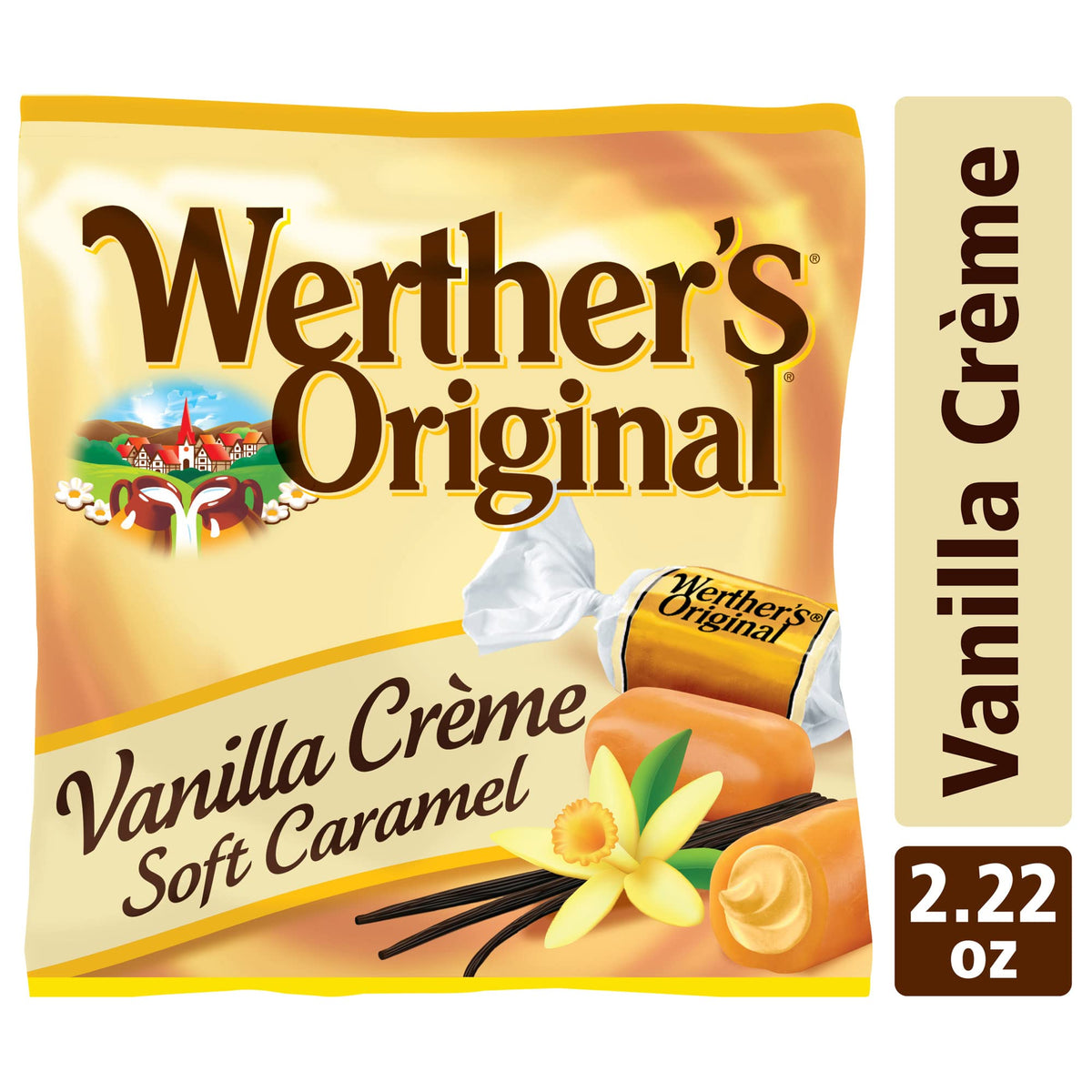 Werther's Original Vanilla Creme Soft Caramels close-up showing smooth vanilla creme center.