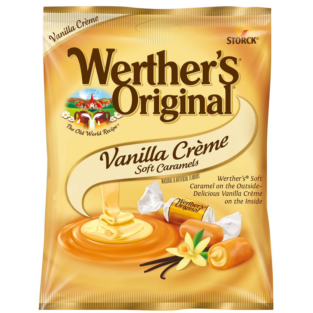 Werther's Original Vanilla Creme Soft Caramels packaging showcases a convenient 12-pack for parties and gifting.