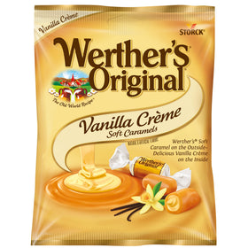 Werther's Original Vanilla Creme Soft Caramels packaging showcases a convenient 12-pack for parties and gifting.