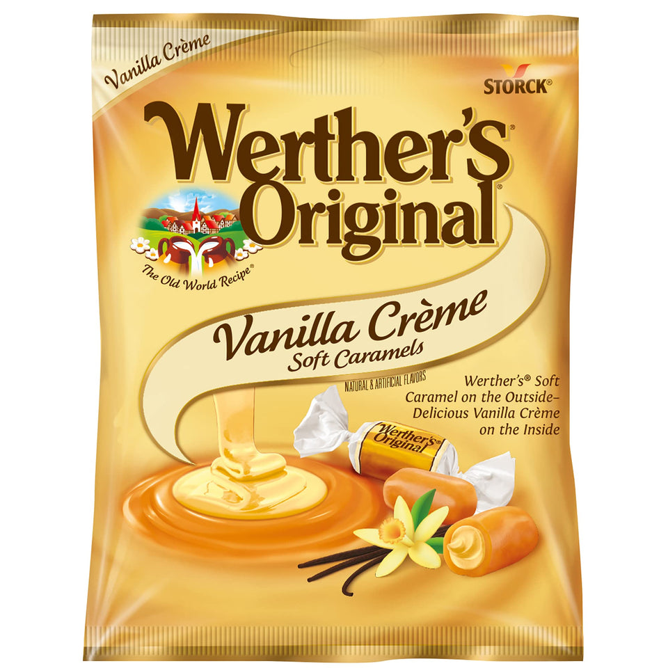 Werther's Original Vanilla Creme Soft Caramels packaging showcases a convenient 12-pack for parties and gifting.