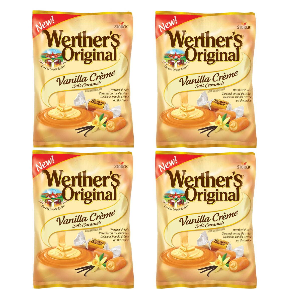 Werther's Original Vanilla Creme Soft Caramels packaging on shelf, convenient 4-pack for sharing.