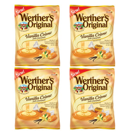 Werther's Original Vanilla Creme Soft Caramels packaging on shelf, convenient 4-pack for sharing.