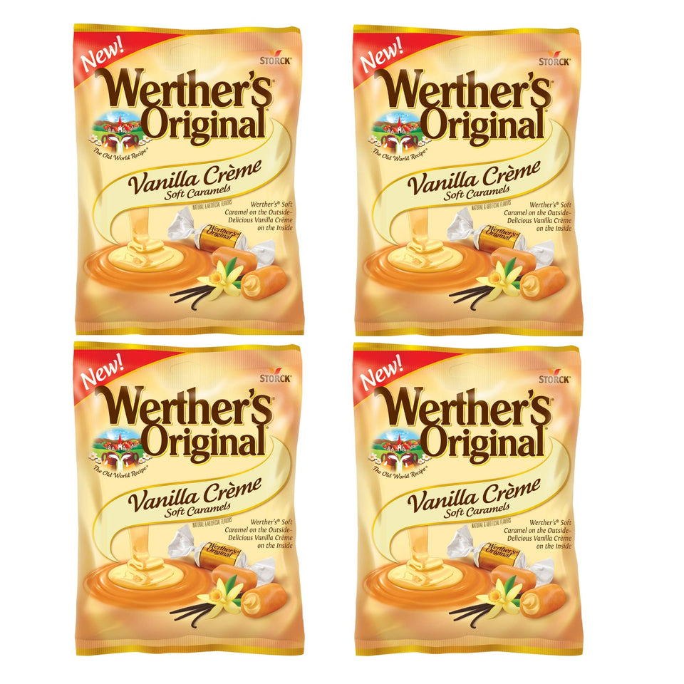 Werther's Original Vanilla Creme Soft Caramels packaging on shelf, convenient 4-pack for sharing.
