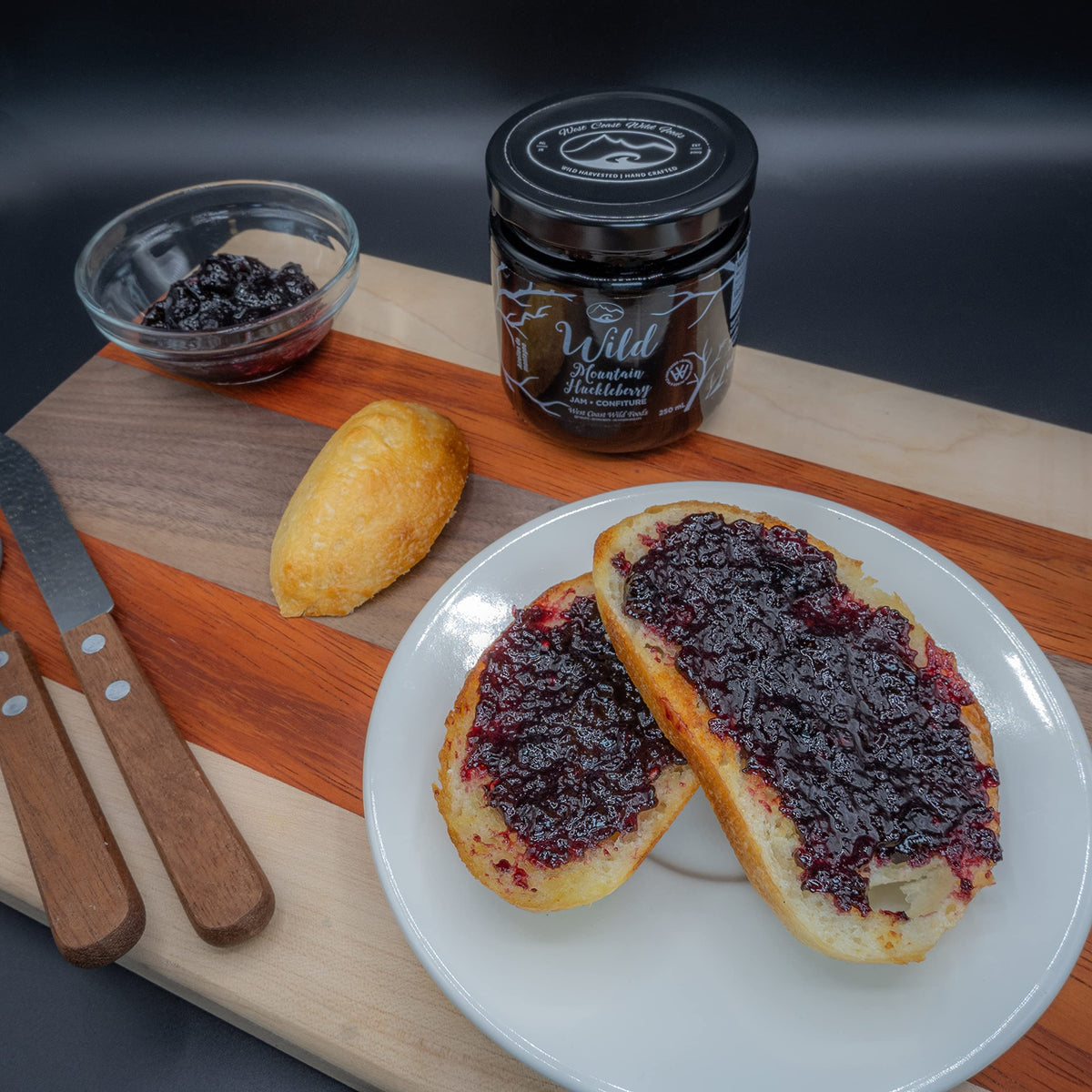 West Coast Wild Foods Wild Huckleberry Jam field harvest evokes Pacific Northwest sourcing