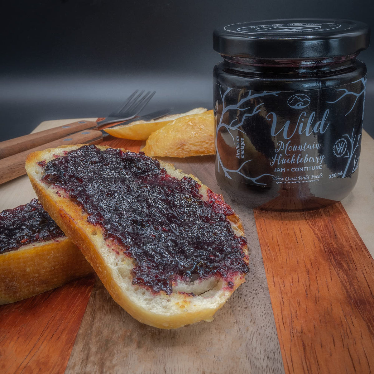 West Coast Wild Foods Wild Huckleberry Jam ingredients panel emphasizes simple harvest