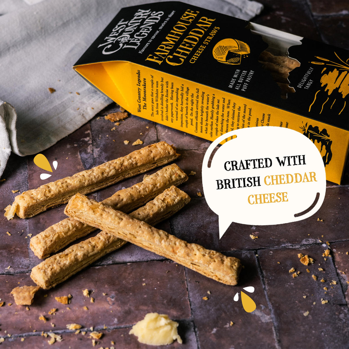Close-up of West Country Legends Cheese Straws showing crisp buttery puff pastry