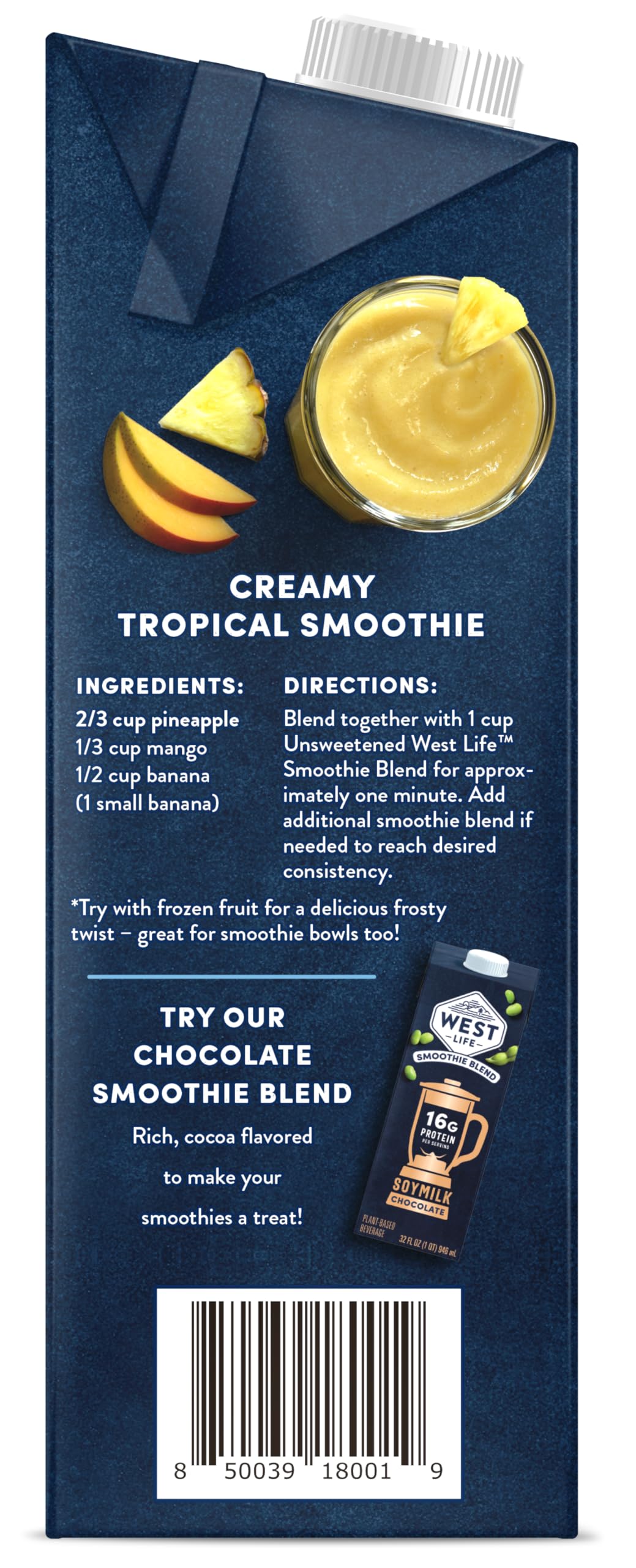 West Life Smoothie Blend Soy Milk unsweetened 32oz pack6 close-up bottle emphasizing protein per serving.