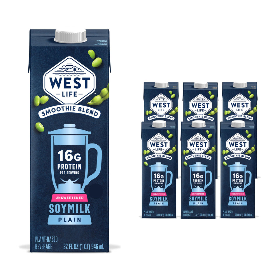 West Life Smoothie Blend Soy Milk unsweetened 32oz pack6 front label highlights protein-rich plant milk.