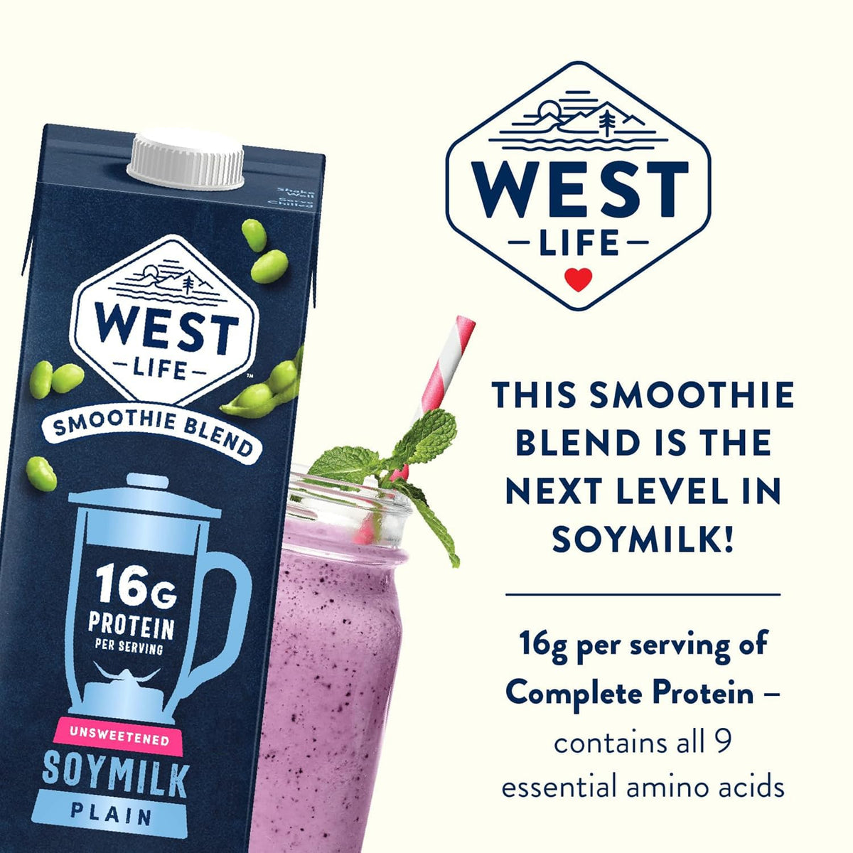 West Life Smoothie Blend Soy Milk unsweetened 32oz pack6 glass served as a dairy-free option.