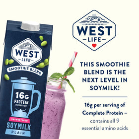 West Life Smoothie Blend Soy Milk unsweetened 32oz pack6 glass served as a dairy-free option.