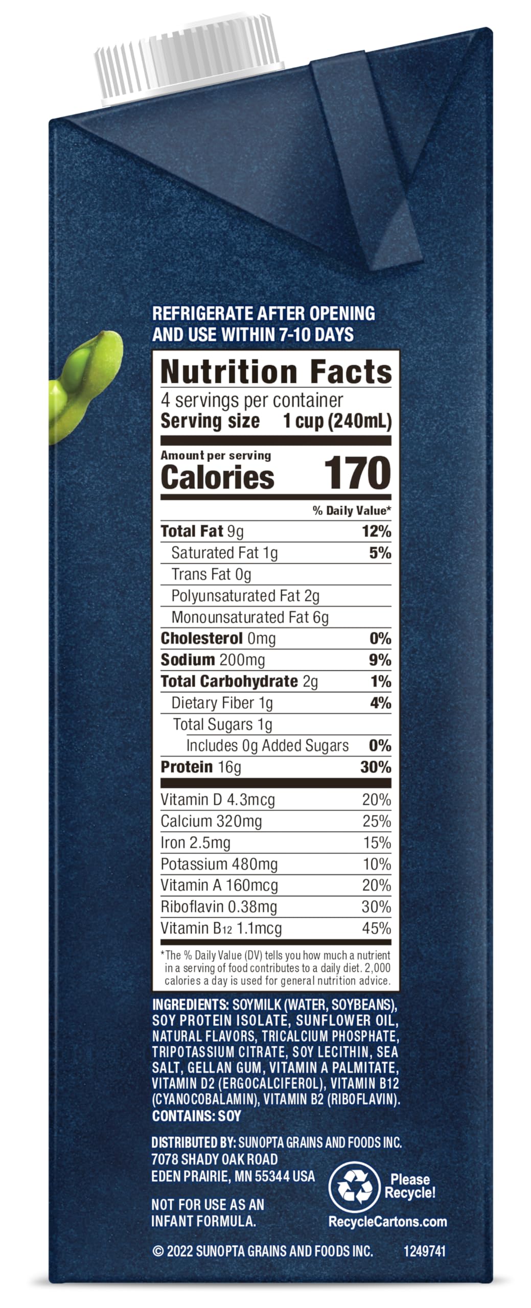 West Life Smoothie Blend Soy Milk unsweetened 32oz pack6 ingredients label noting non-GMO and dairy-free benefits.