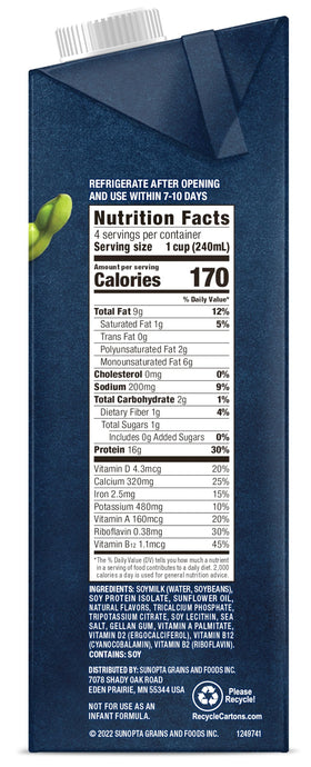 West Life Smoothie Blend Soy Milk unsweetened 32oz pack6 ingredients label noting non-GMO and dairy-free benefits.