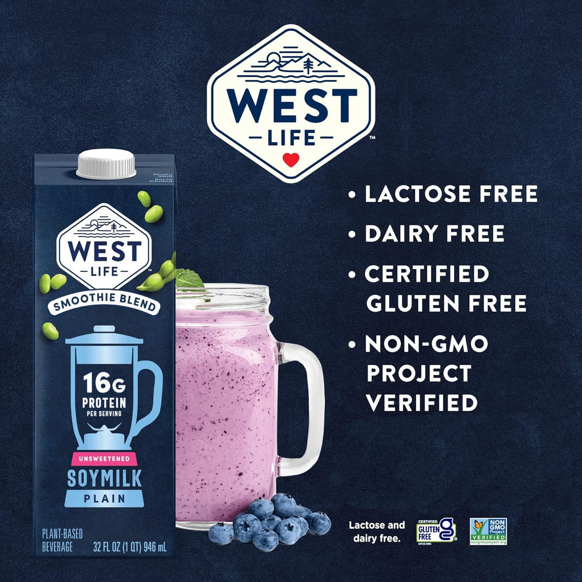 West Life Smoothie Blend Soy Milk unsweetened 32oz pack6 pouring into a glass for smoothies.