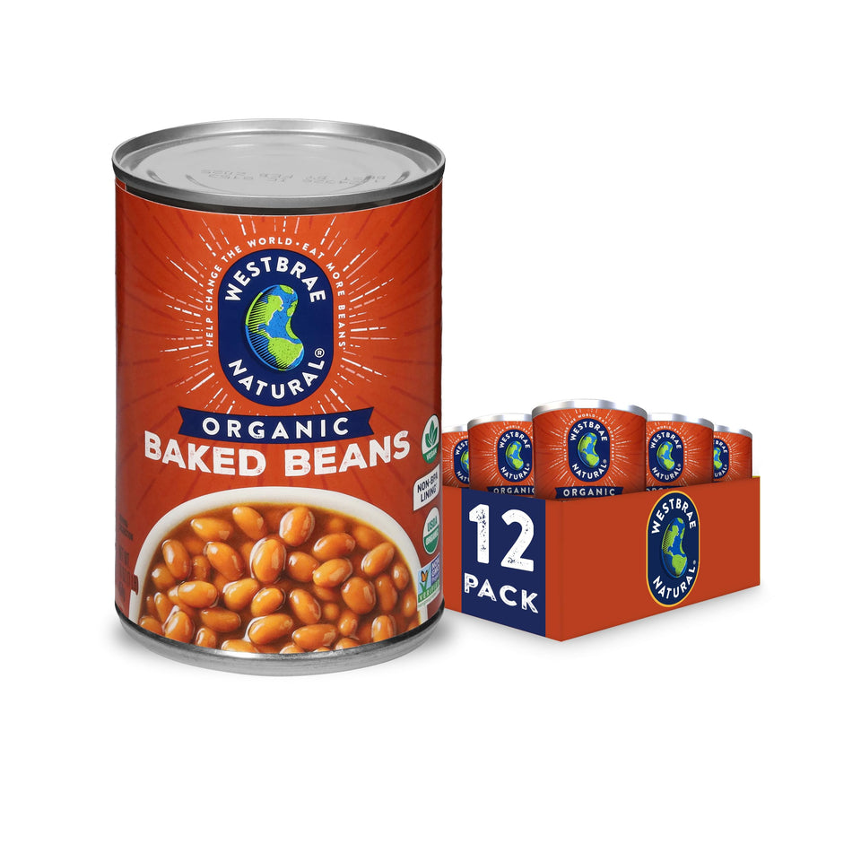 Westbrae Natural baked beans in a 16oz can, gluten-free and plant-based protein.