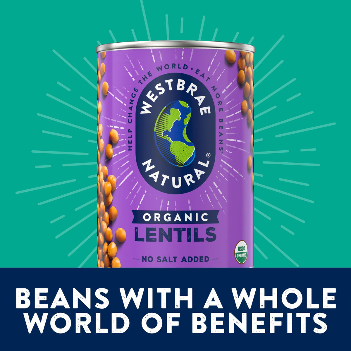 Westbrae lentils can close-up; 15-ounce shelf-stable protein source.