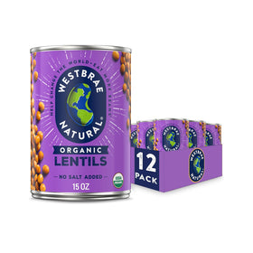 Westbrae lentils no-salt-added can front view, highlighting protein-rich plant-based staple.