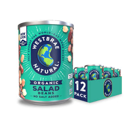 Westbrae Natural Salad Beans 12-pack cans on a pantry shelf.