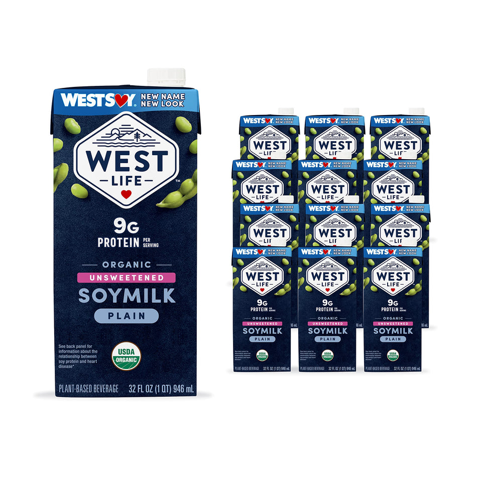 West Life Organic Soy Milk bottle on pantry shelf, protein-rich dairy alternative