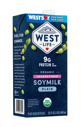 West Life Soy Milk carton beside cereal bowl for a creamy breakfast