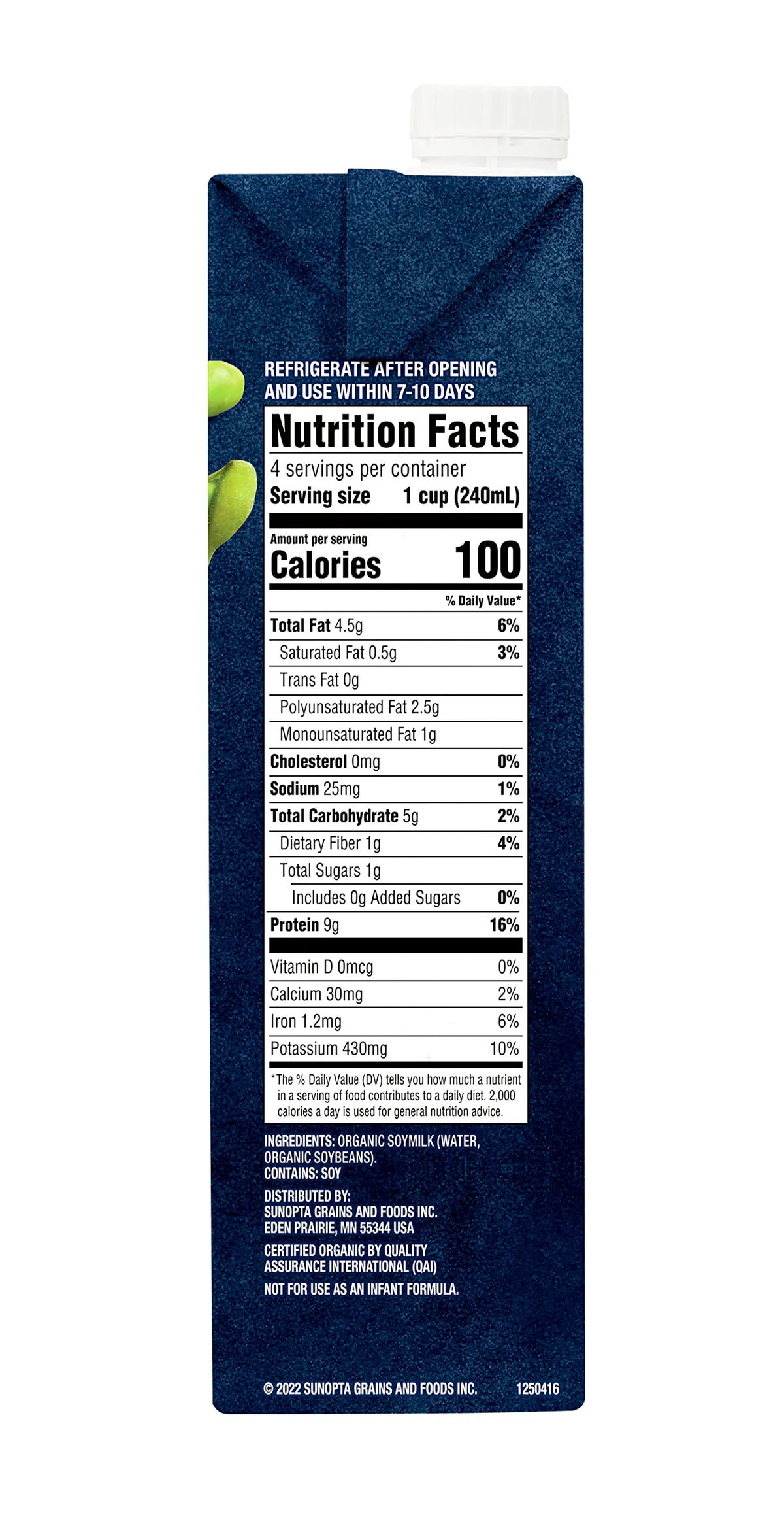 Nutrition panel shows 9g protein per serving on West Life Soy Milk