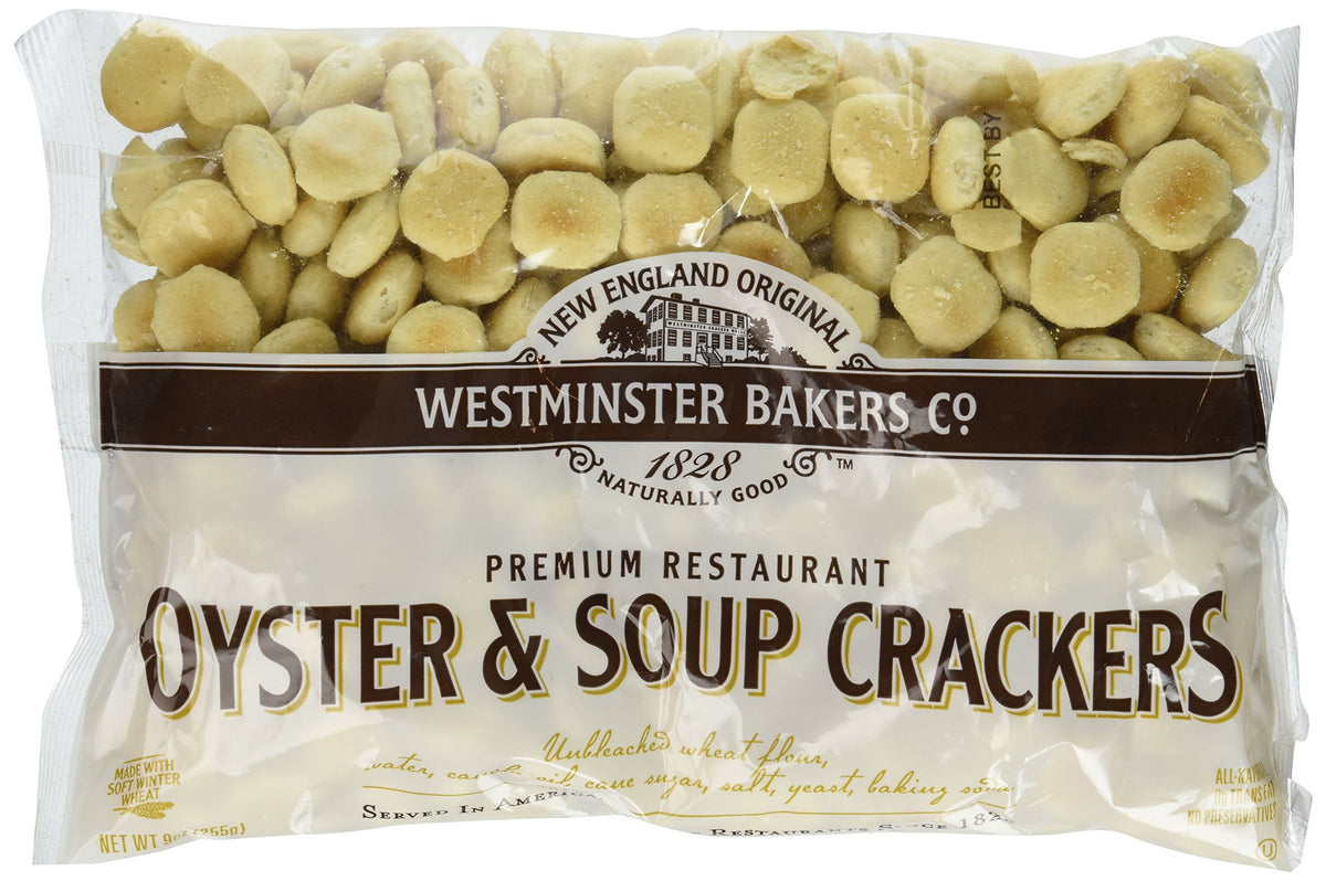 Westminster Bakers Co. oyster and soup crackers, crisp texture ideal for seafood chowder or oyster dishes