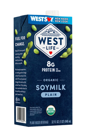 8g protein per serving is highlighted on the West Life Soy Milk label
