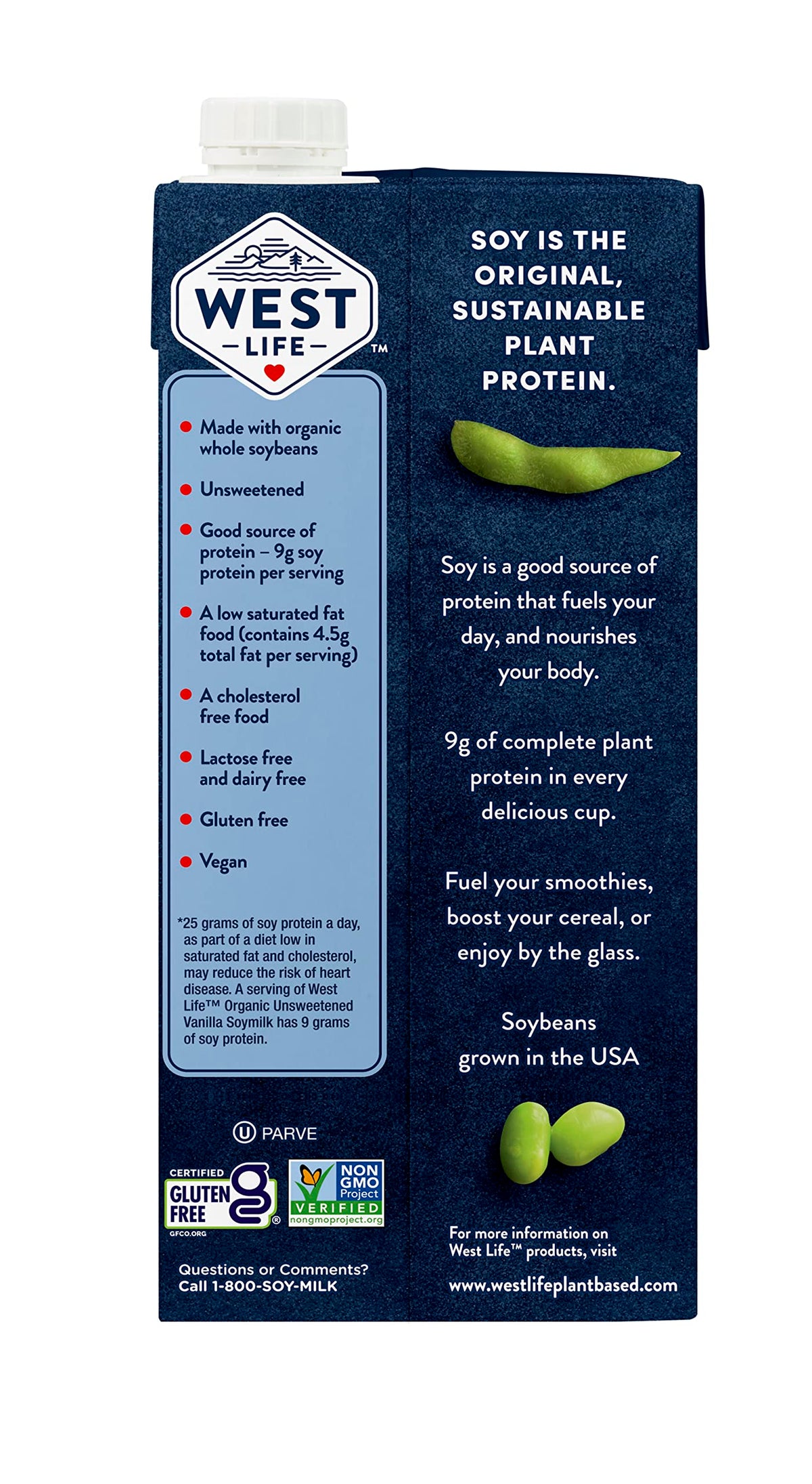 Pantry-ready West Life Organic Soy Milk pictured for easy pantry storage.