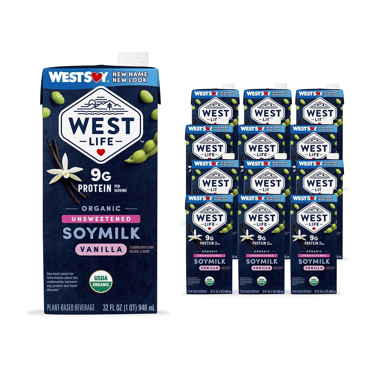 West Life Organic Soy Milk bottle showing vanilla flavor, dairy-free protein option.