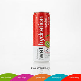Close-up of Wet Hydration clear whey protein content in a can