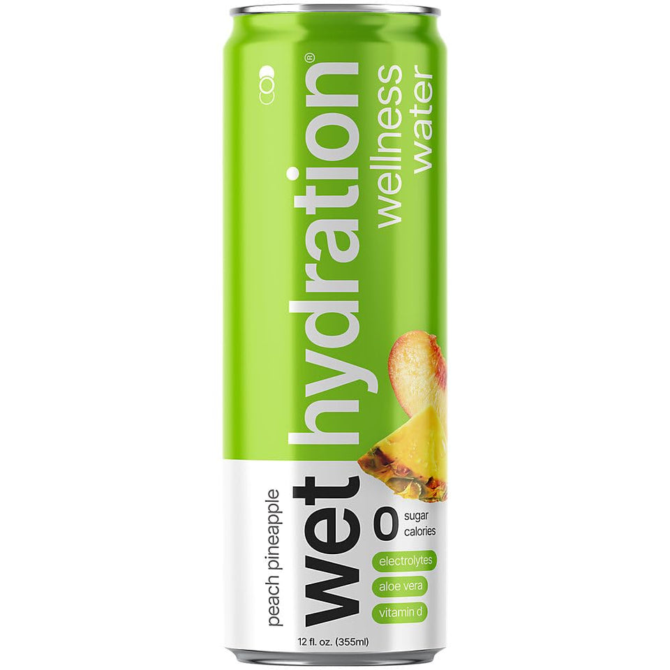 Wet Hydration Peach Pineapple can front label showing zero sugar and electrolytes