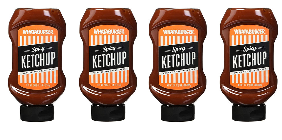 Whataburger Spicy Ketchup 20oz four-pack front view for pantry access