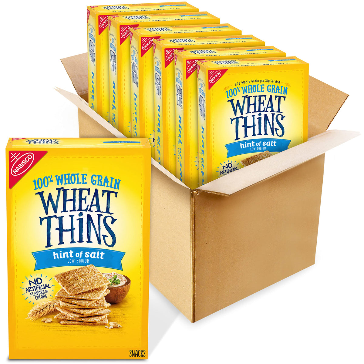 Wheat Thins Hint of Salt low sodium packaging for bulk snacking.