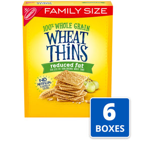 Close-up of Wheat Thins Reduced Fat crackers showing crisp texture.