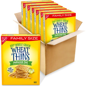 Wheat Thins Reduced Fat crackers in bulk packaging for family size display.