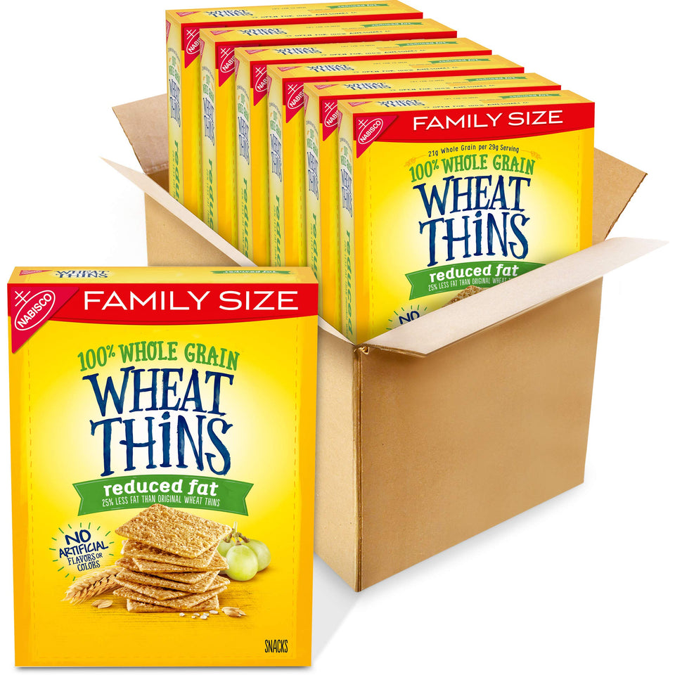 Wheat Thins Reduced Fat crackers in bulk packaging for family size display.