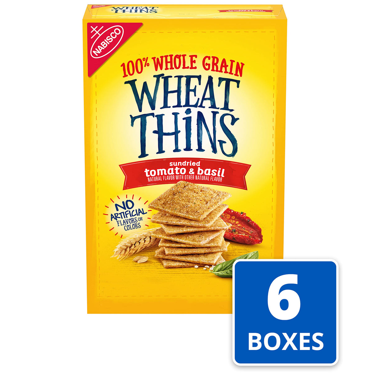 Closeup of Wheat Thins Sundried Tomato & Basil crackers highlighting crisp texture.