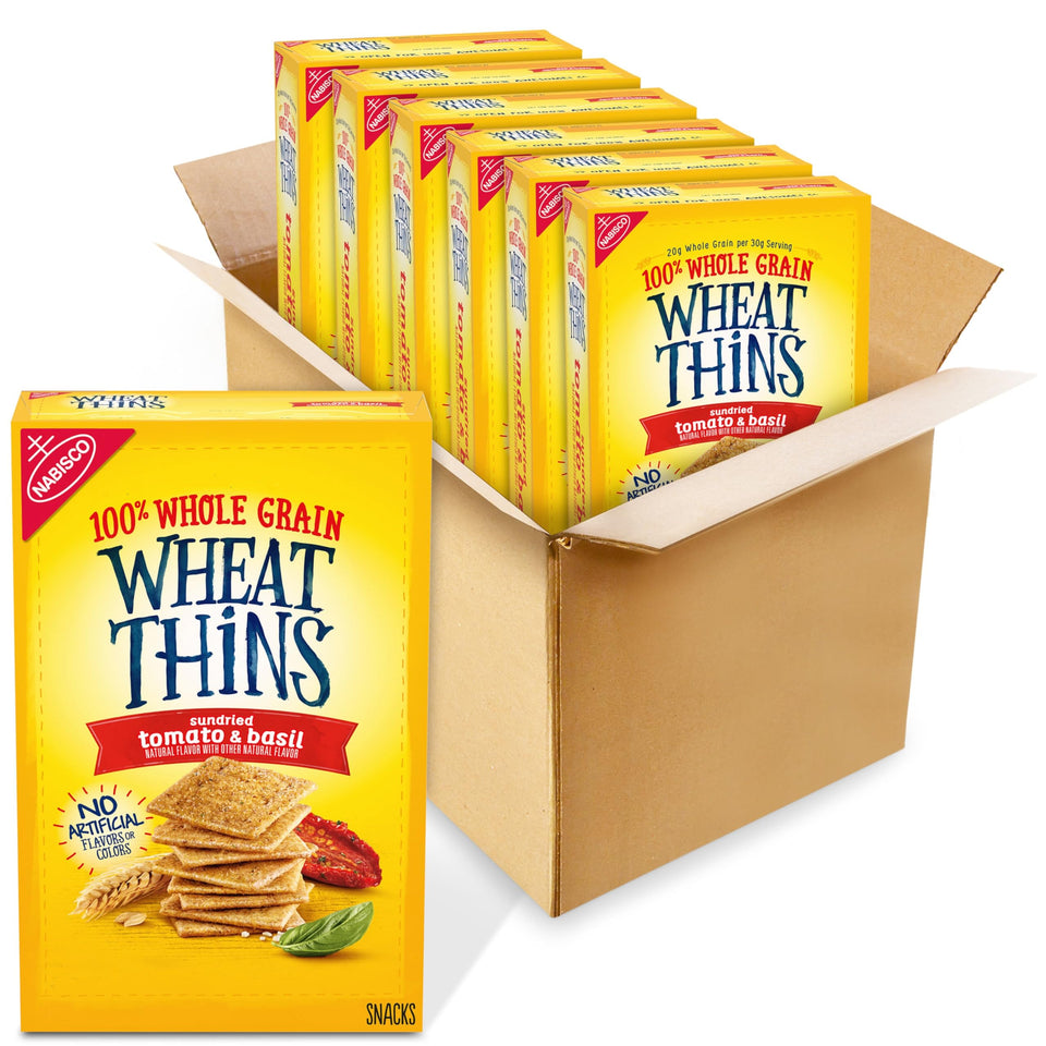 Wheat Thins Sundried Tomato & Basil packaging shows bulk convenience for pantry stocking.