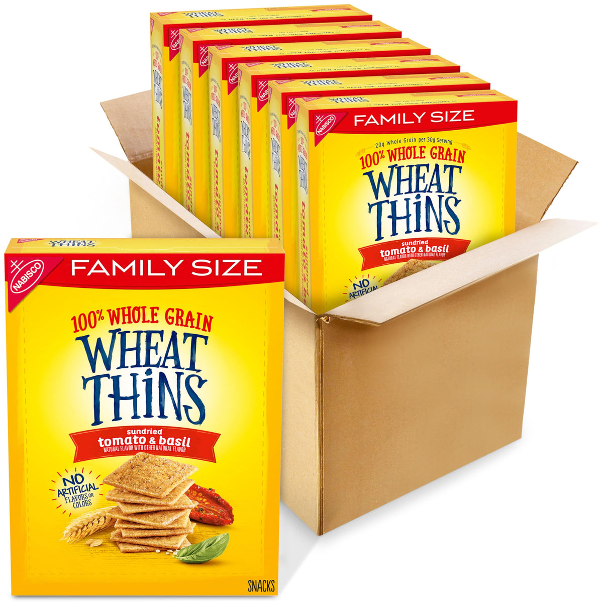 Wheat Thins Sundried Tomato & Basil six-pack crackers on kitchen counter, great for sharing.