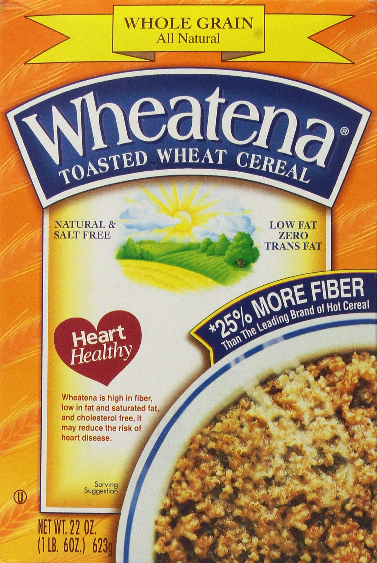 Wheatena toasted wheat cereal box, a fiber-rich breakfast option.