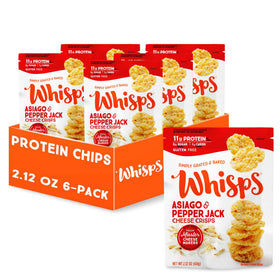 Whisps Asiago & Pepper Jack crisps close-up highlighting crunchy, high-protein snack.