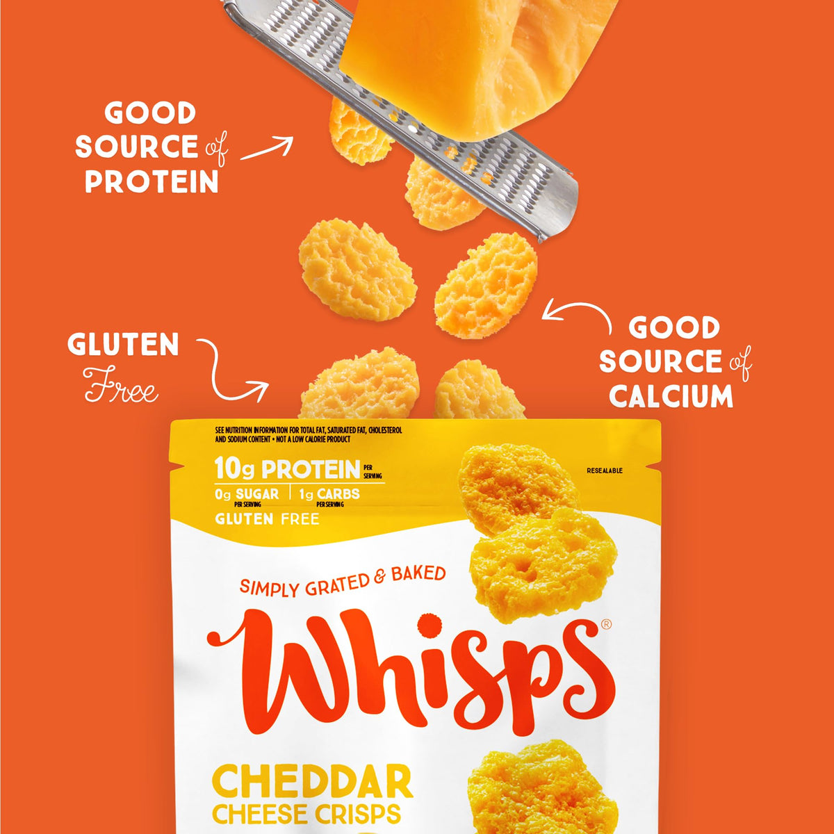 Whisps bag open, ready to grab for quick high-protein bites.