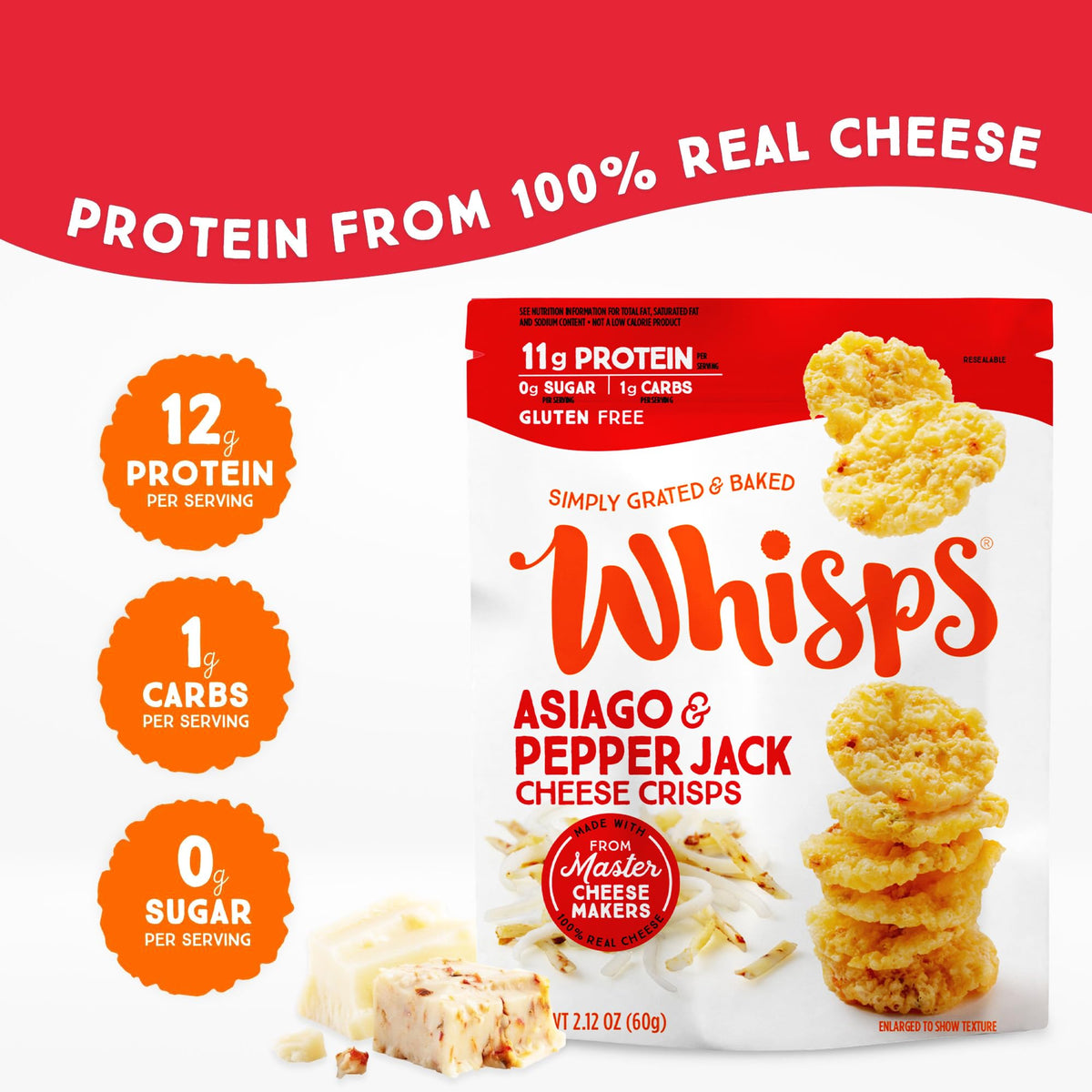 Whisps cheese crisps pack-front shows convenient six-pack for on-the-go keto snacking.
