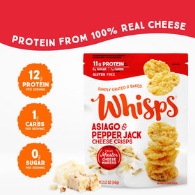 Whisps cheese crisps pack-front shows convenient six-pack for on-the-go keto snacking.