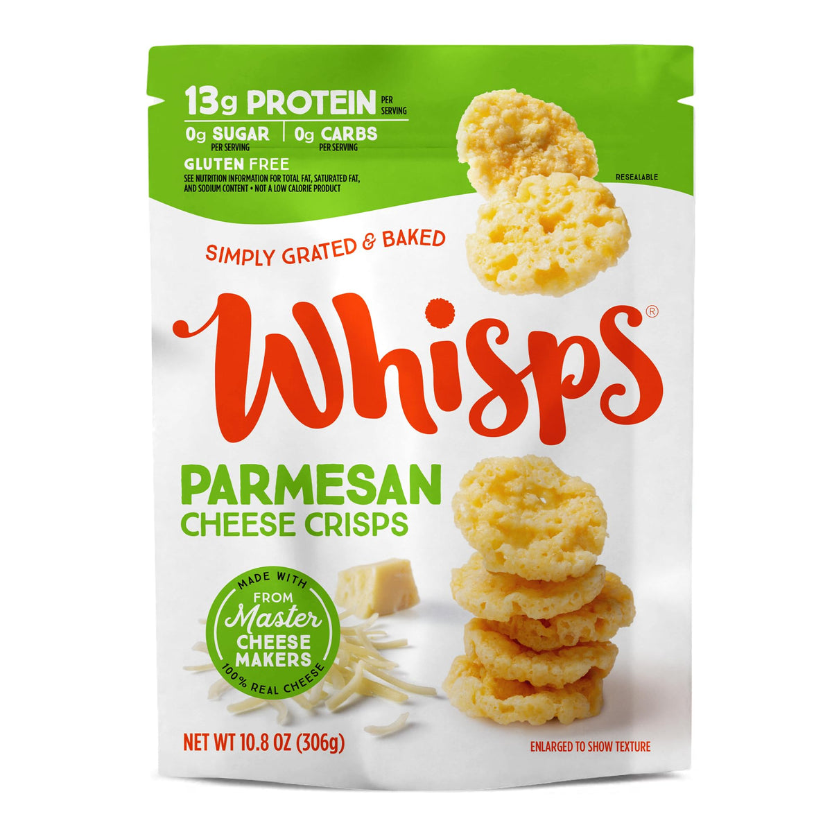 Whisps parmesan cheese crisps bag showcasing a crunchy, protein-rich snack option.