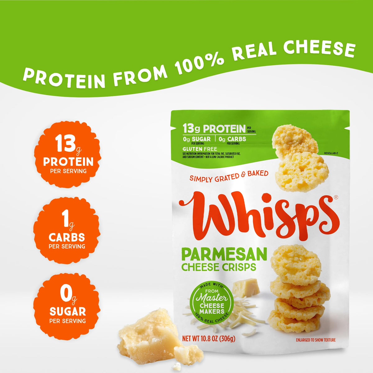 Whisps parmesan crisps close-up highlighting a low-carb, gluten-free treat.