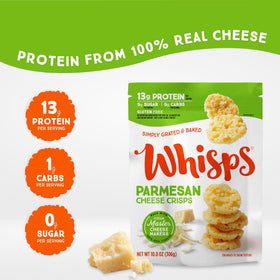Whisps parmesan crisps close-up highlighting a low-carb, gluten-free treat.