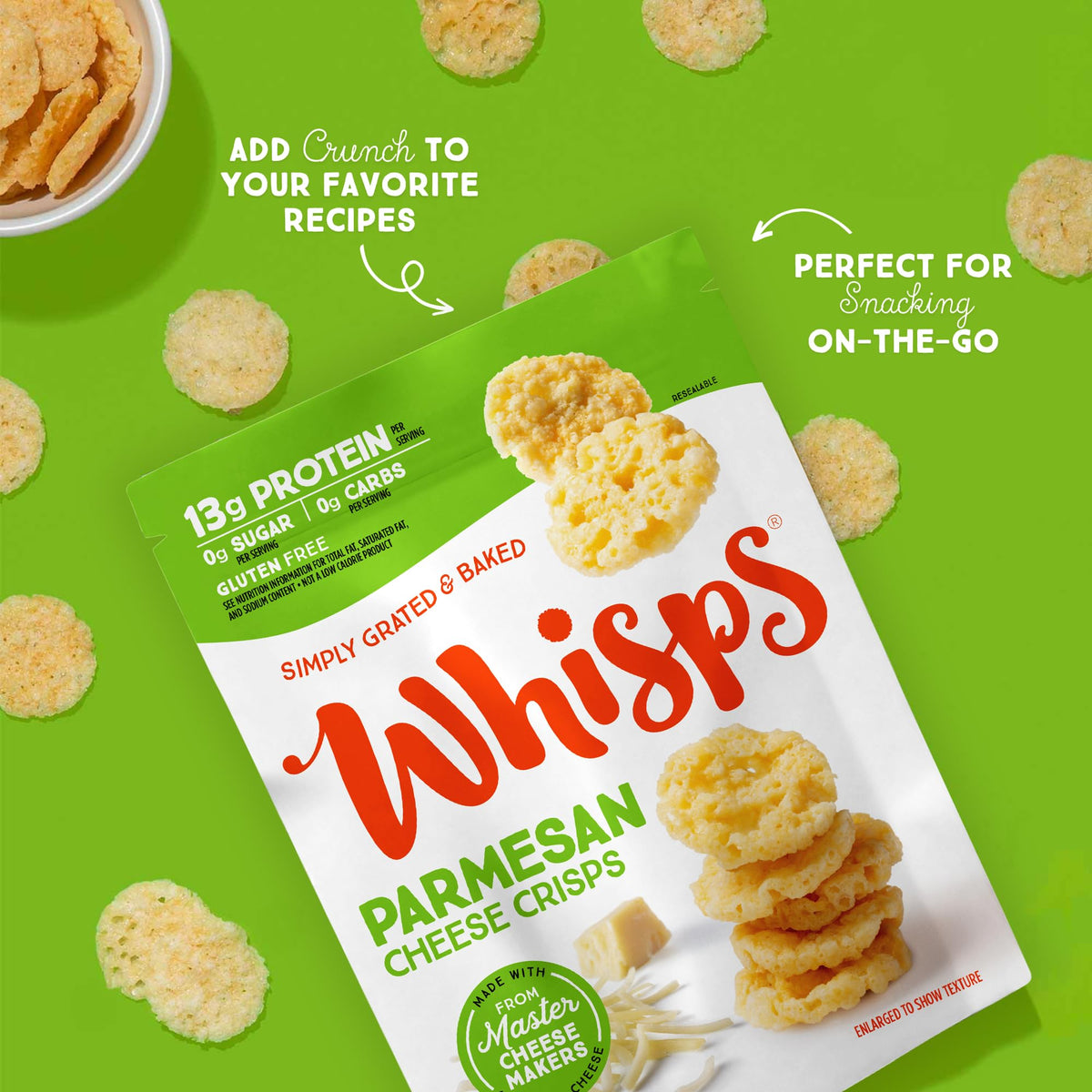 Whisps parmesan crisps in lunchbox for a high-protein kid-friendly snack.