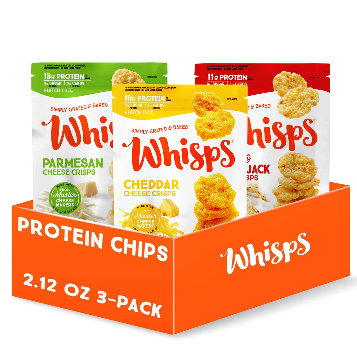 Whisps Parmesan crisps in a bag offer high-protein, savory crunch for quick snacking.